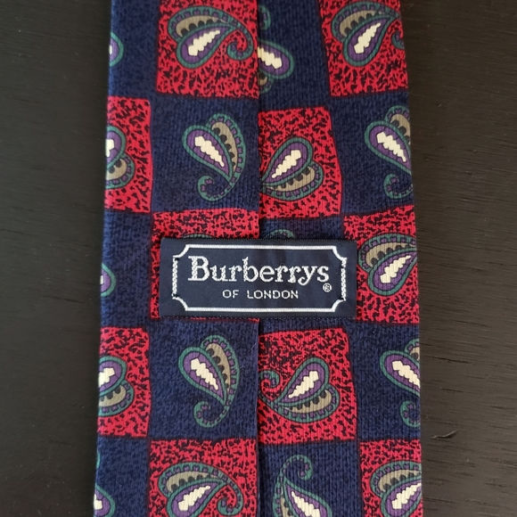 Vintage 90s Burberry Designer 100% Silk Geometric Paisley Red Blue Neck Tie - Picture 4 of 6